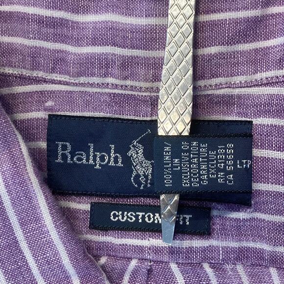 nwot RALPH LAUREN Shirt Dress Tunic M Linen Purple Stripe Logo RawEdge Button-Up - Picture 7 of 9